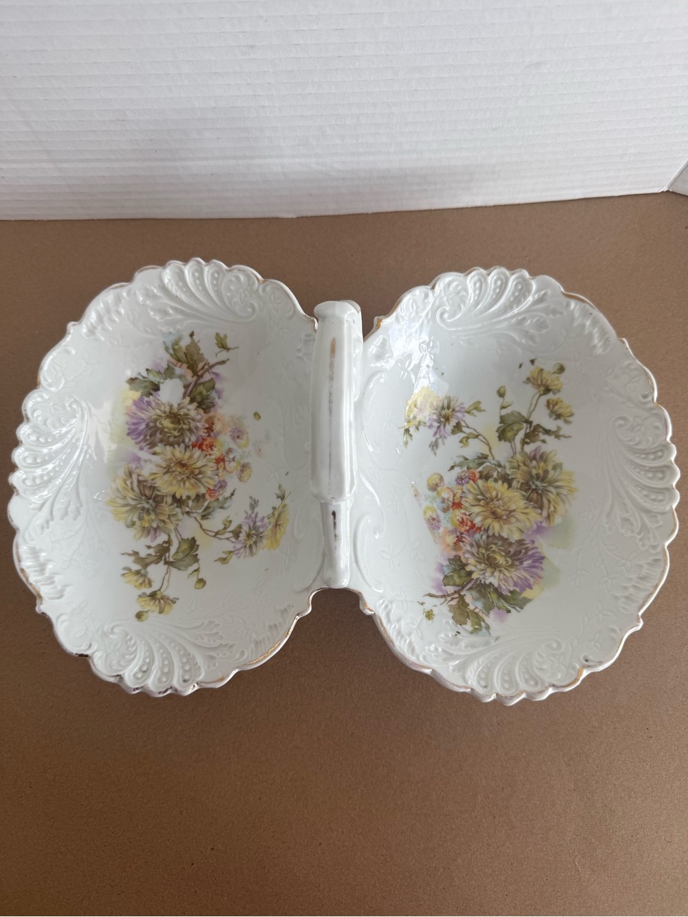 Vintage White Floral Porcelain Divided Serving Dish with Curved Handle Embossed